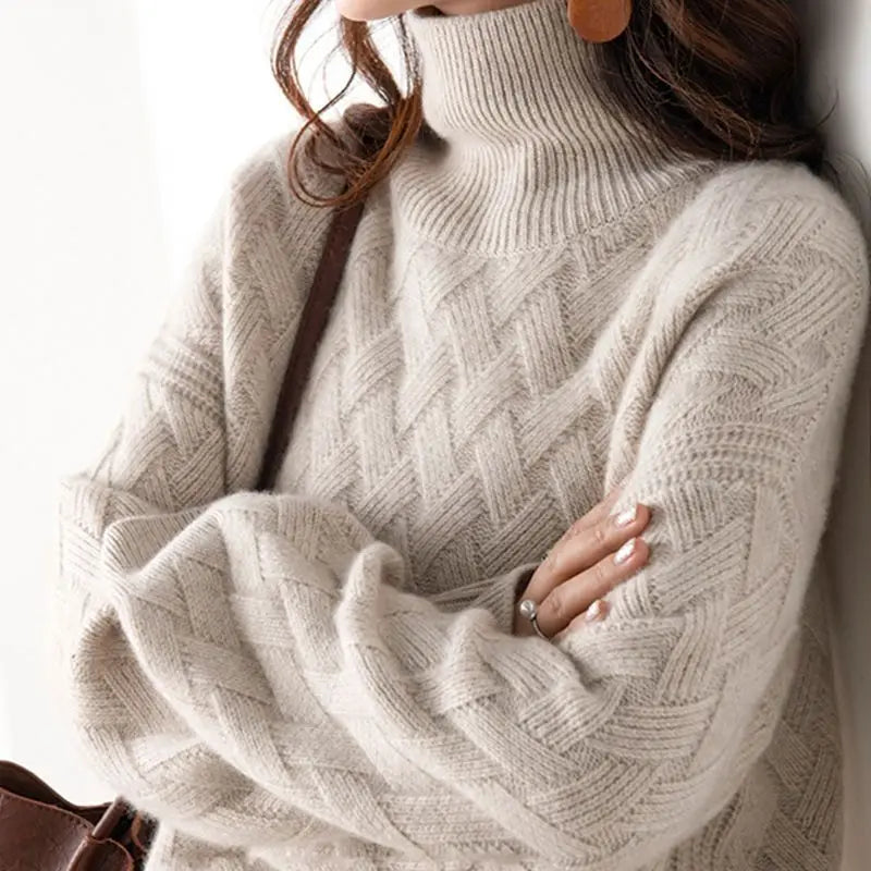 Clover | Women's Crisscross Textured Turtleneck Sweater in Solid Colours