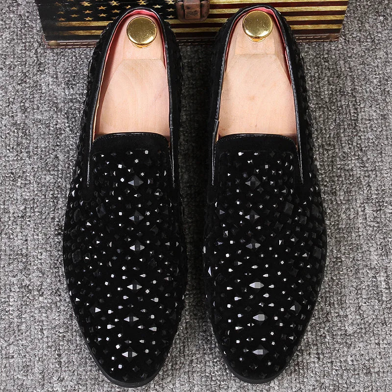 Crispin | Men’s Black Rhinestone Slip-On Loafers – Elegant & Stylish Business Casual Shoes