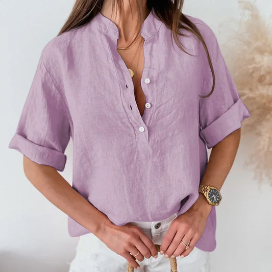 Quinny | Women's Oversized Linen Blouse with Half Buttoned Design – Relaxed Fit for Casual Elegance