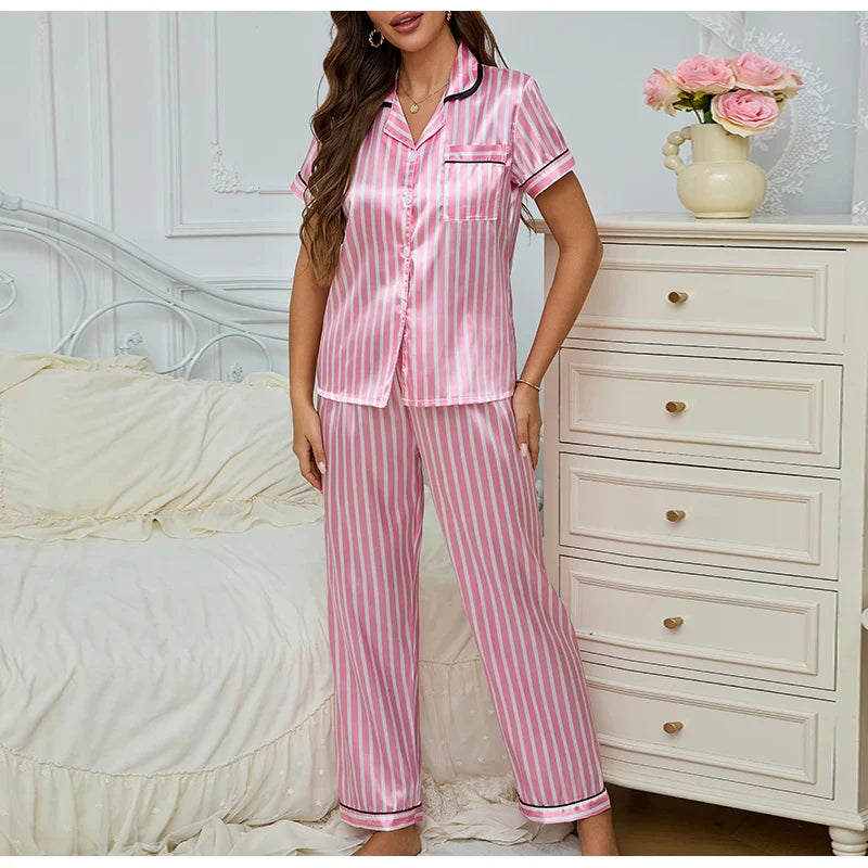 Juliet | Women’s Pink 2-Piece Pyjama Set with Striped Shirt & Trousers