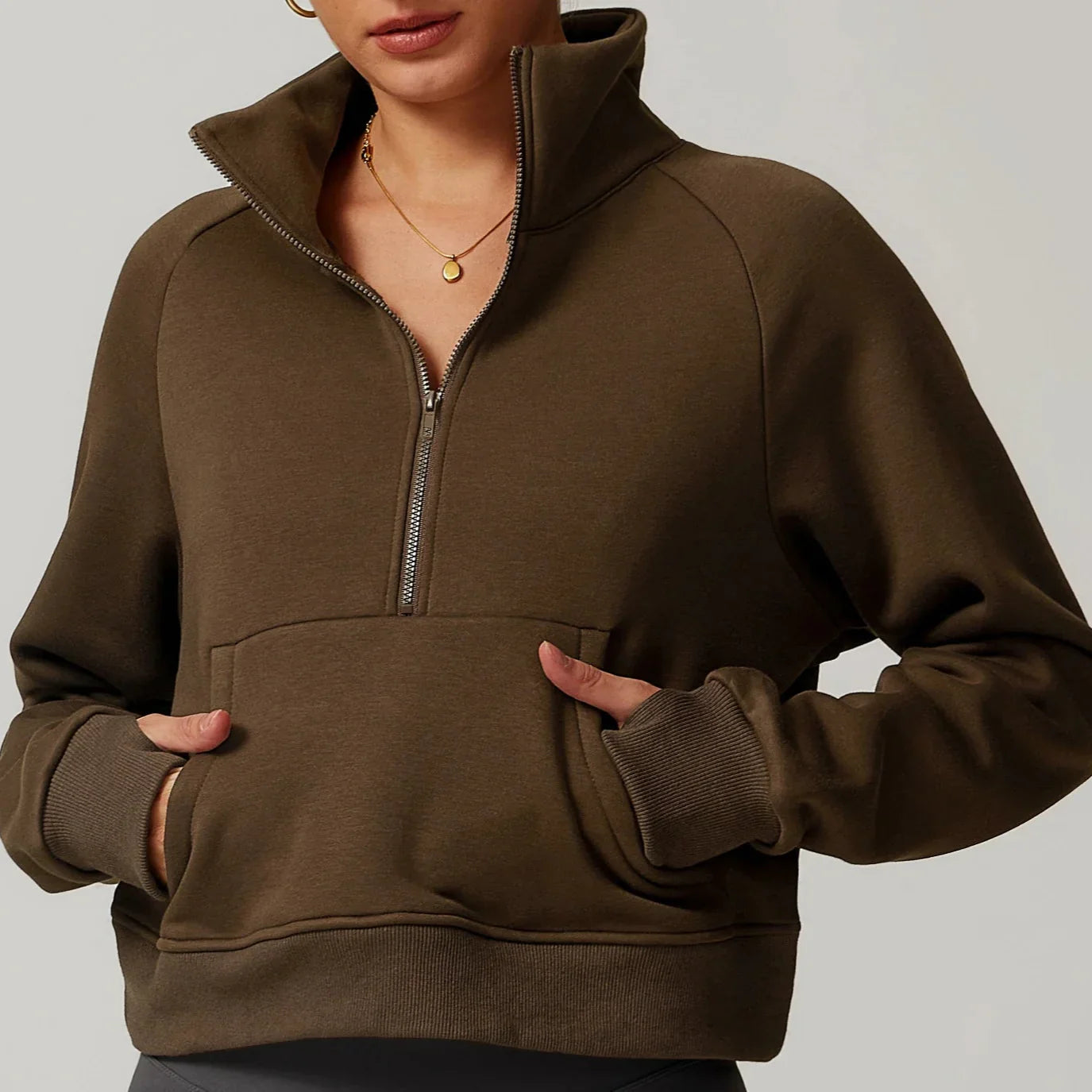 Marlowe | Women's Sleek Cropped Half-Zip Sweater with Kangaroo Pockets – Solid Colour Design