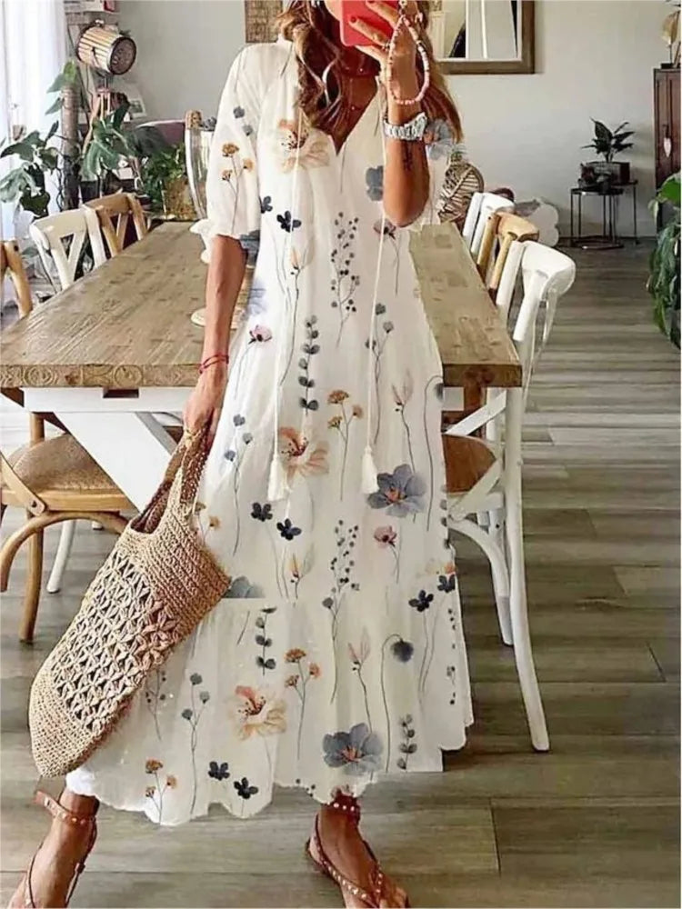 Halcyon | Women's Bohemian V-Neck Maxi Dress – Elegant Floral Print with Half Sleeves