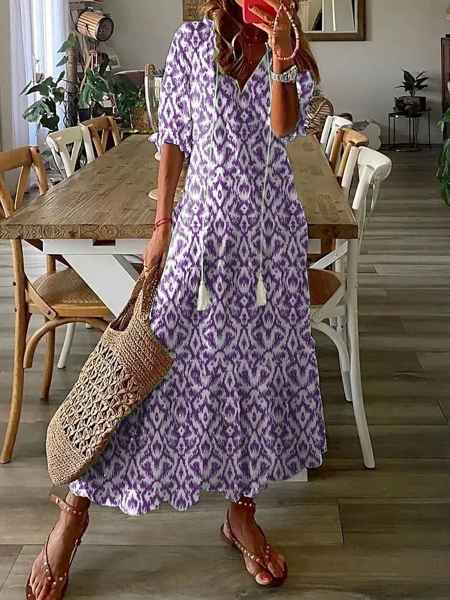 Halcyon | Women's Bohemian V-Neck Maxi Dress – Elegant Floral Print with Half Sleeves