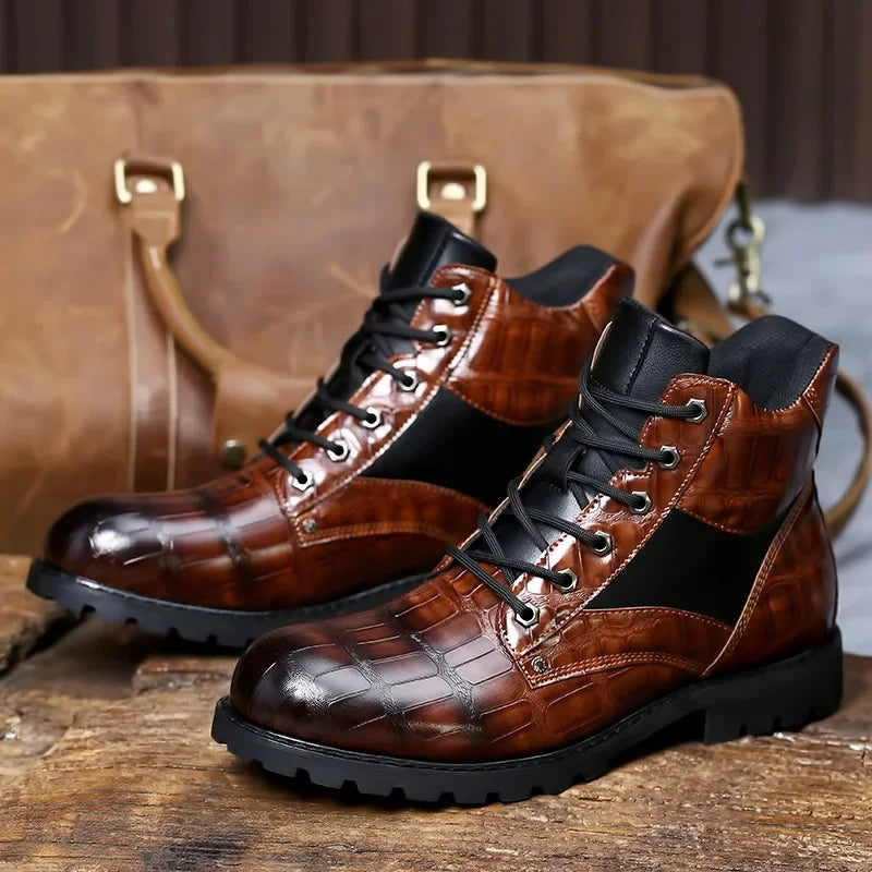 Welf | Men's Lace-Up Crocodile Pattern Casual Boots