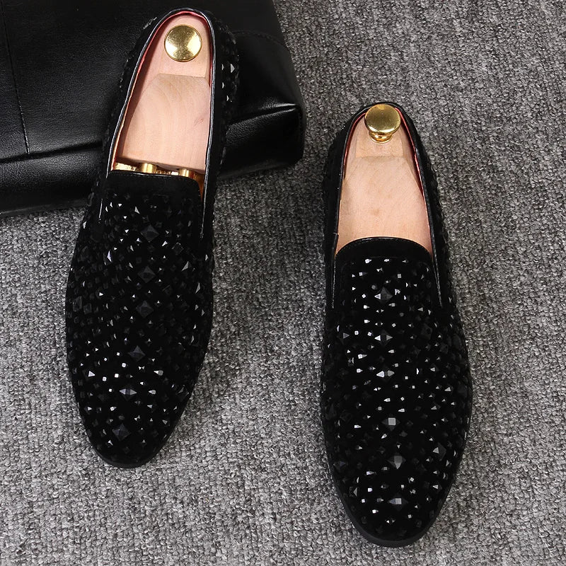 Crispin | Men’s Black Rhinestone Slip-On Loafers – Elegant & Stylish Business Casual Shoes