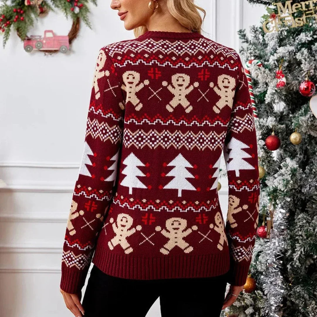Elmette | Women's Bordeaux Christmas Knit Sweater with Festive Details and Round Neck – Warm and Stylish for Winter