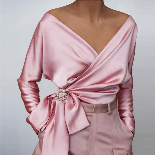 Frigga | Women's Satin Off-Shoulder Wrap Blouse – Elegant Waist-Tie Long Sleeve Top