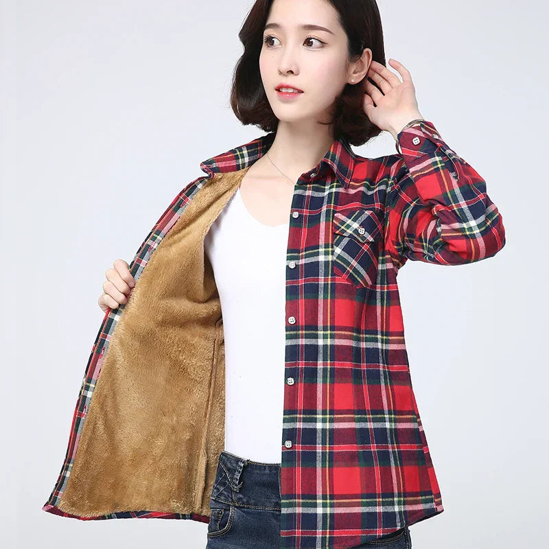 Fenella | Women's Multicolor Plaid Fleece Lined Buttoned Warm Shirt Jacket