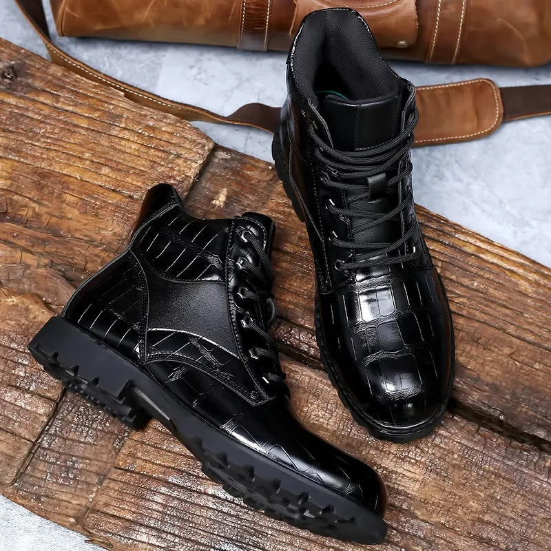 Welf | Men's Lace-Up Crocodile Pattern Casual Boots