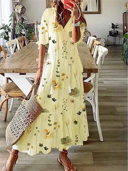 Halcyon | Women's Bohemian V-Neck Maxi Dress – Elegant Floral Print with Half Sleeves
