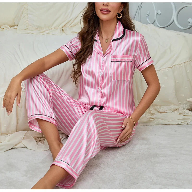 Juliet | Women’s Pink 2-Piece Pyjama Set with Striped Shirt & Trousers
