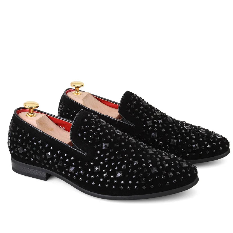 Crispin | Men’s Black Rhinestone Slip-On Loafers – Elegant & Stylish Business Casual Shoes
