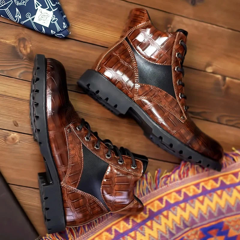 Welf | Men's Lace-Up Crocodile Pattern Casual Boots