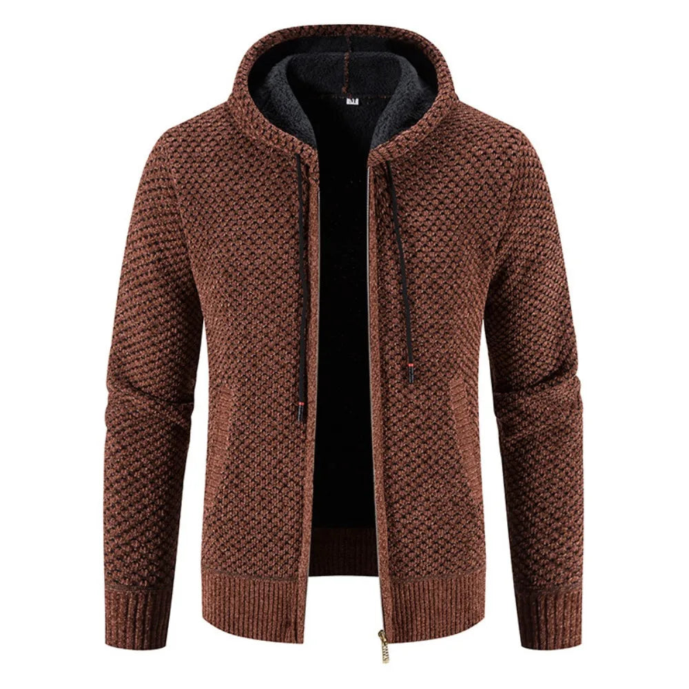 Byron | Men’s Zip-Up Hooded Cardigan with Warm Lining – Textured Winter Knit Jacket