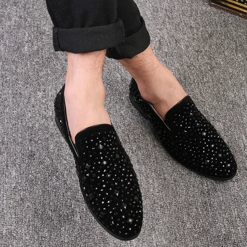Crispin | Men’s Black Rhinestone Slip-On Loafers – Elegant & Stylish Business Casual Shoes
