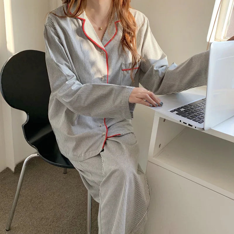 Justine | Women’s Striped 2-Piece Pyjama Set with Button-Up Shirt & Trousers