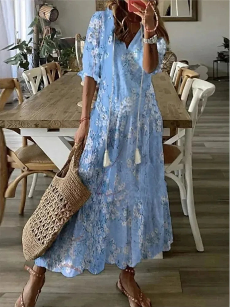 Halcyon | Women's Bohemian V-Neck Maxi Dress – Elegant Floral Print with Half Sleeves