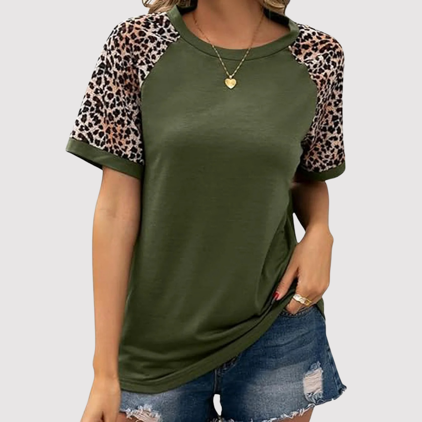 Aldith | Women’s Round Neck T-Shirt with Leopard Print Sleeves – Stylish Casual Top
