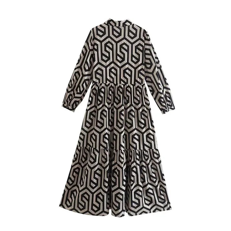 Naomi | Women’s Geometric Pattern Long Sleeve Maxi Dress with Layered Style