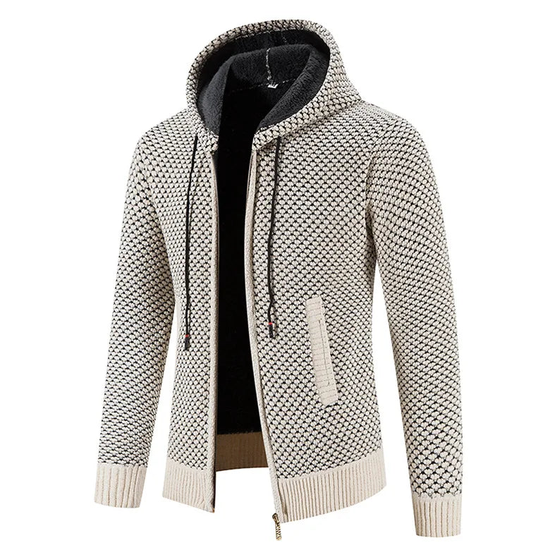 Byron | Men’s Zip-Up Hooded Cardigan with Warm Lining – Textured Winter Knit Jacket