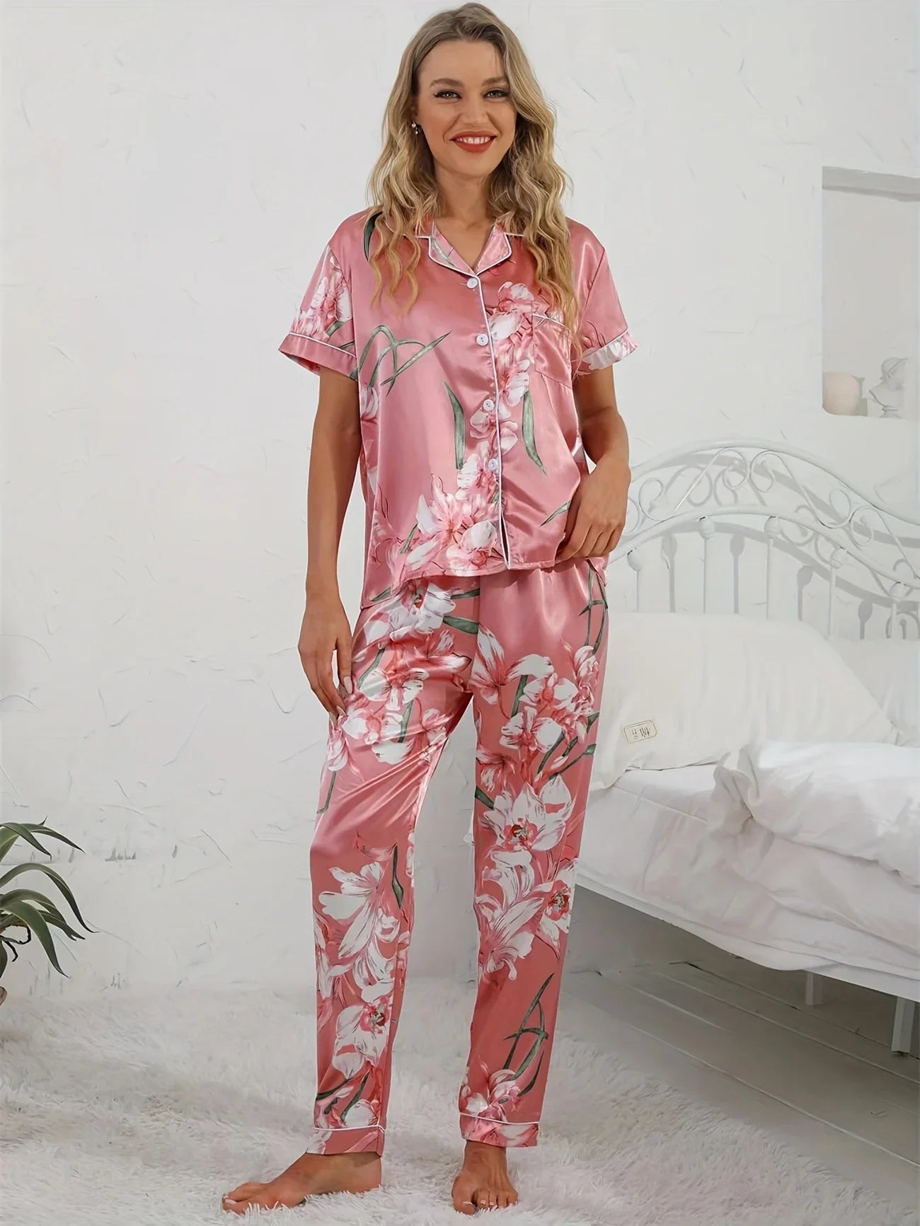 Julia | Women’s 2-Piece Pink Pyjama Set with Floral Print Shirt and Trousers