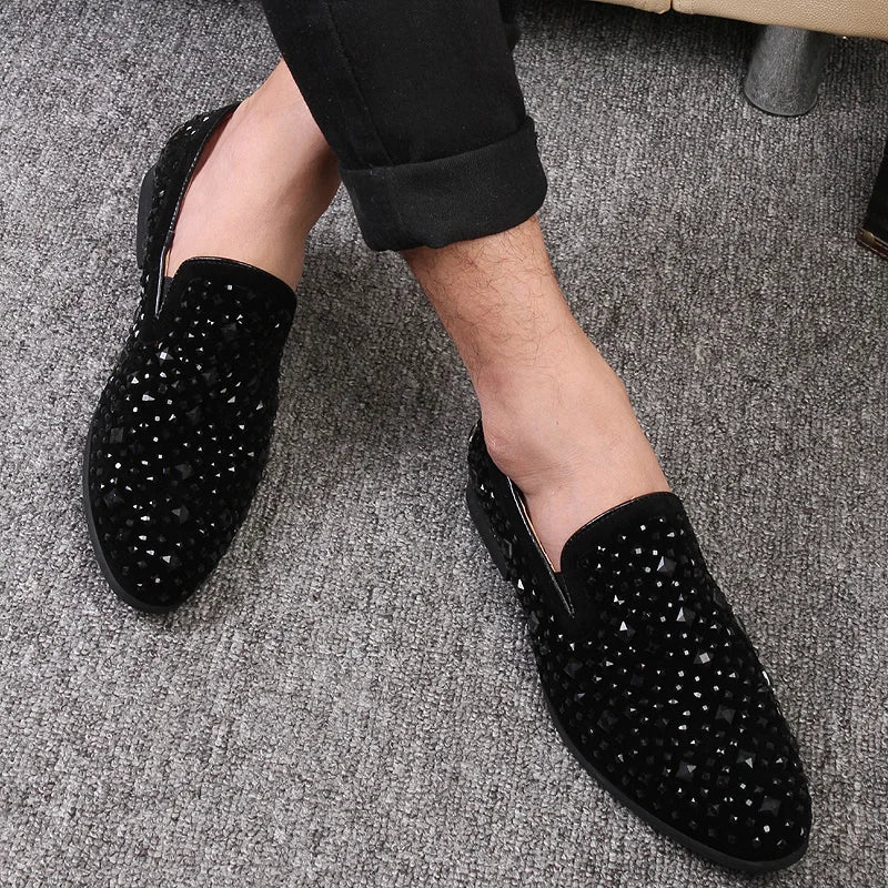 Crispin | Men’s Black Rhinestone Slip-On Loafers – Elegant & Stylish Business Casual Shoes