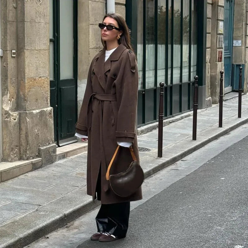 Isalene | Elegant Brown Wool Winter Coat with Revers Collar