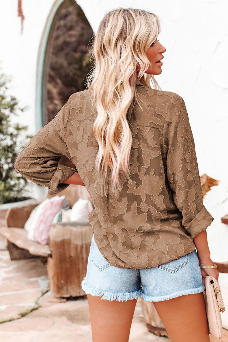 Liora | Women’s Brown Long Sleeve Blouse – Lapel Collar with Button Front Elegance