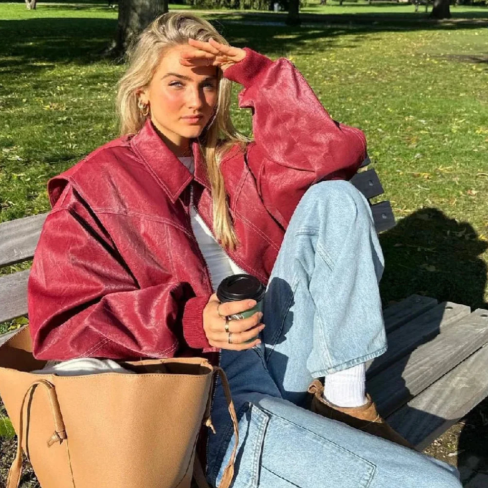 Alianora | Women’s Red Oversized Zip-Up Jacket with Lapel Collar – Stylish Casual Outerwear