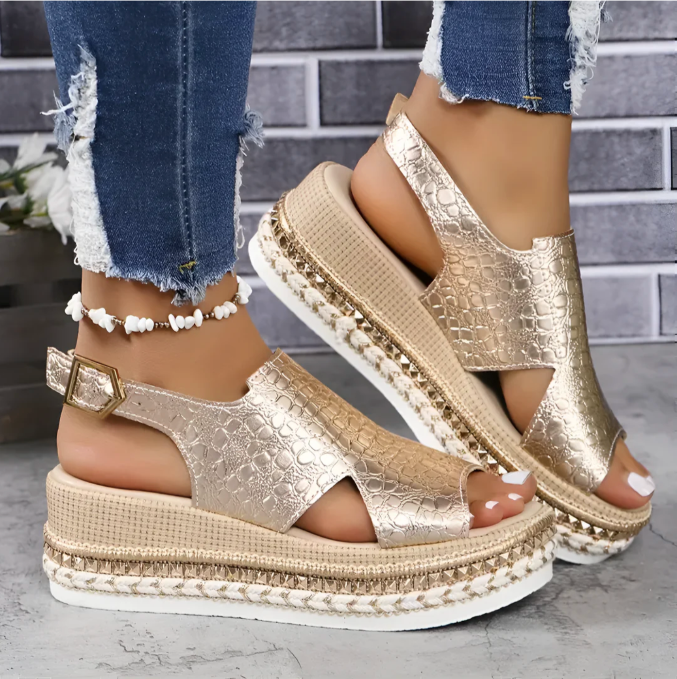 Ione | Shiny Gold Platform Sandals with Adjustable Buckle & Open Toe