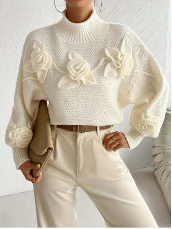 Ysoriah | 3D‑Floral Turtleneck Jumper – Cosy Elegance in Beige