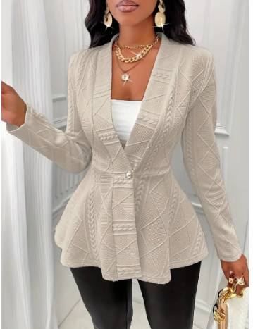 Zelaria | Single‑Button Deep‑V Blazer – Textured A‑Line Fit