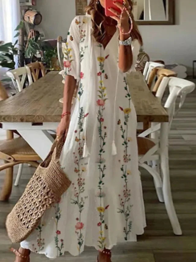 Halcyon | Women's Bohemian V-Neck Maxi Dress – Elegant Floral Print with Half Sleeves