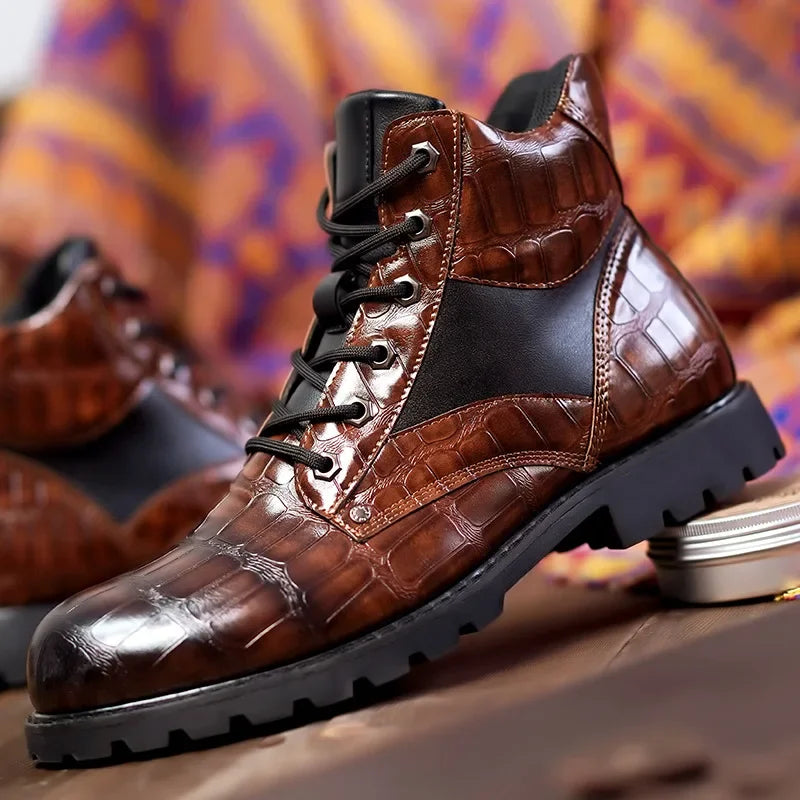Welf | Men's Lace-Up Crocodile Pattern Casual Boots