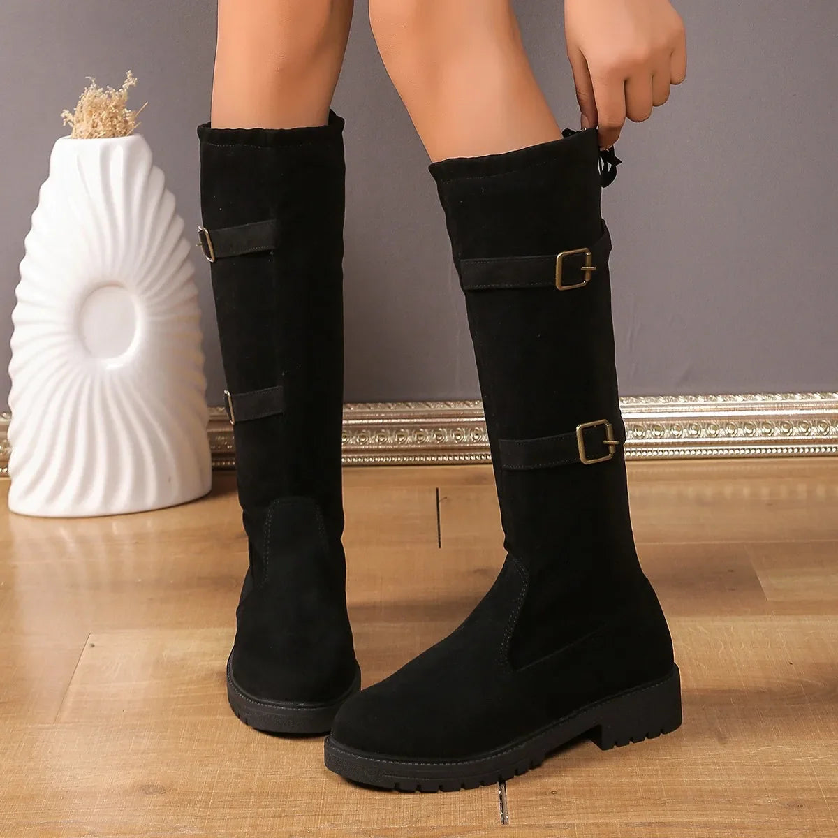 Lindsay | Women’s Black Low Heel Knee High Boots with Classic Silhouette