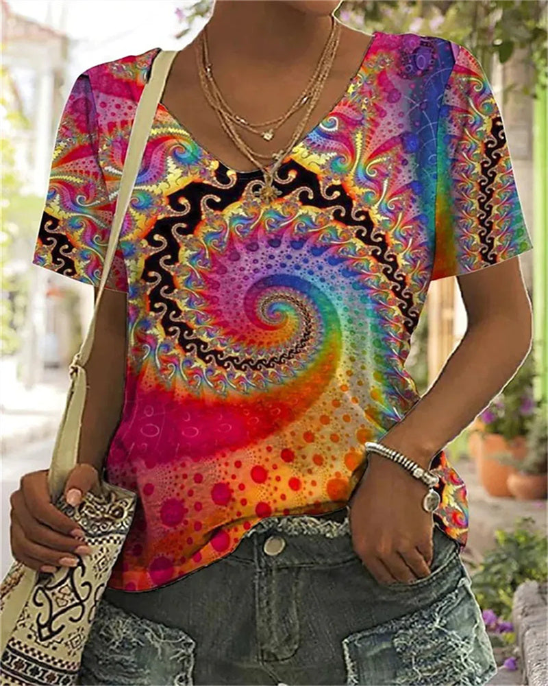 Clovera | Women’s Boho Spiral Print Summer Shirt – Short Sleeve V‑Neck Casual Top