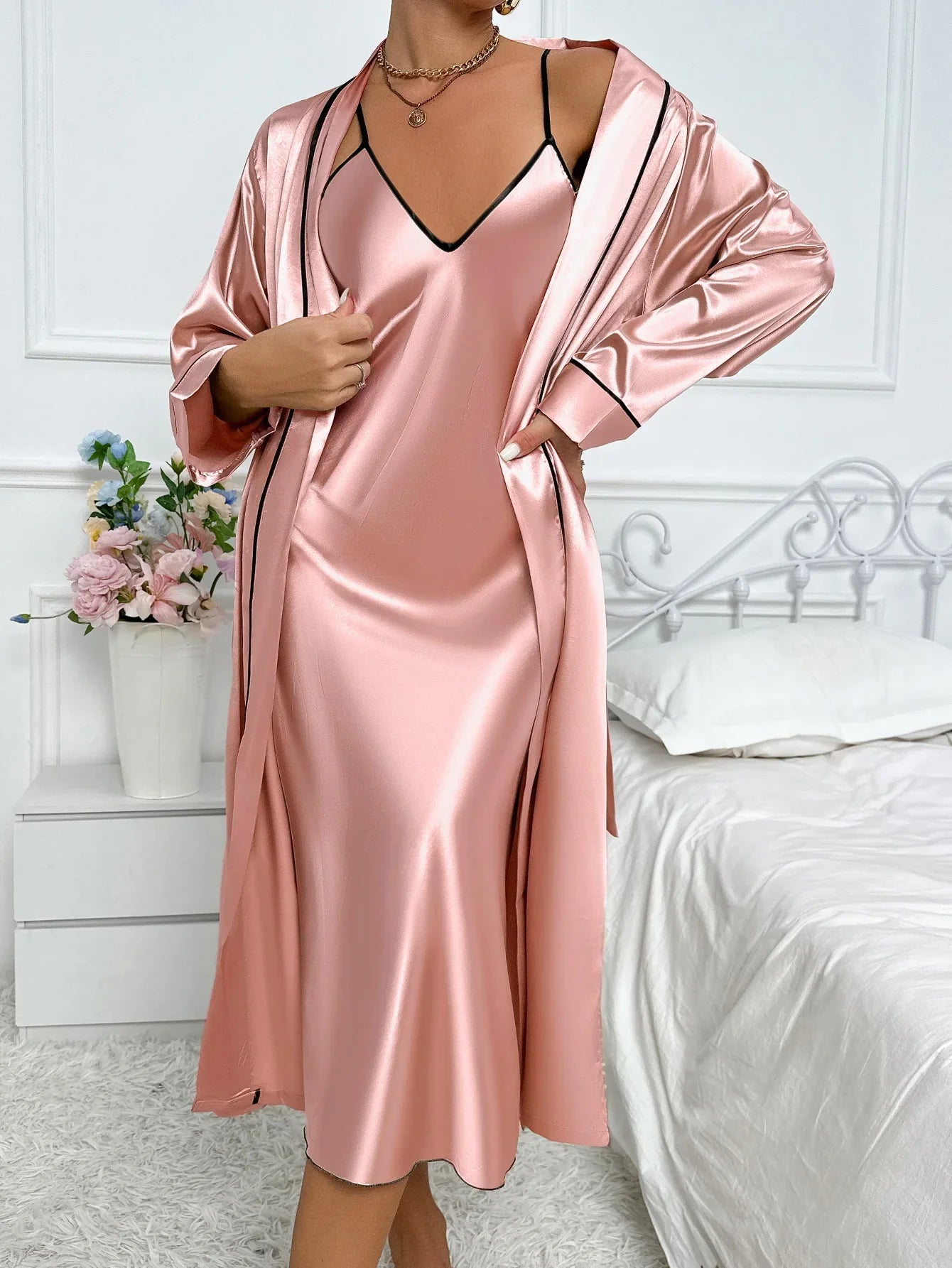 Juliana | Women’s 2-Piece Pyjama Set with Long Sleeve Robe and V-Neck Slip Dress