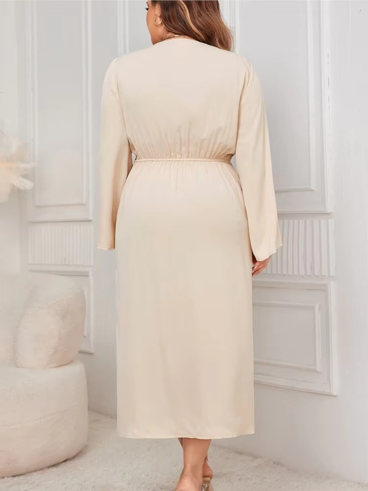 Lumina | Apricot V-Neck Wrap Maxi Dress with Elegant Waist Pleating – Formal Yet Effortless