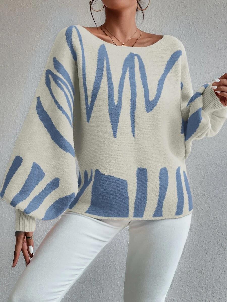 Aurelia | Women's White Oversized Sweater with Blue Wavy Print & Bishop Sleeves