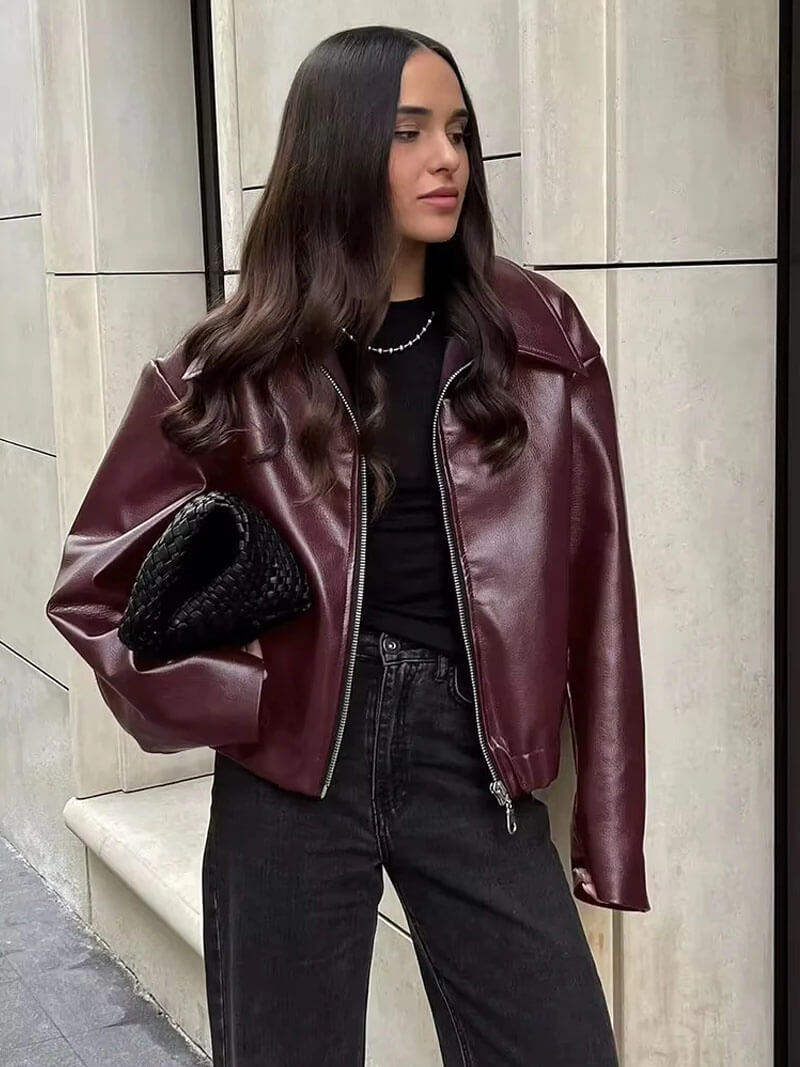Jill | Women’s Oversized Burgundy Faux Leather Jacket with Zip and Lapel Collar