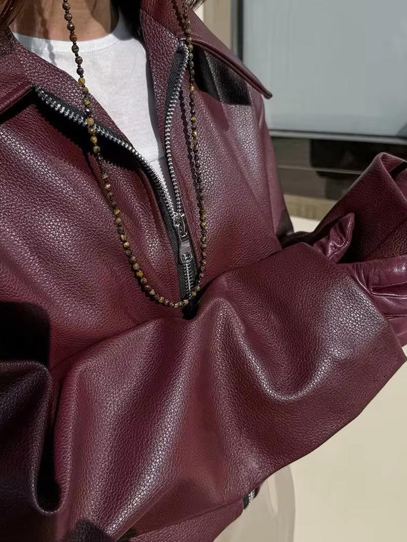 Jill | Women’s Oversized Burgundy Faux Leather Jacket with Zip and Lapel Collar
