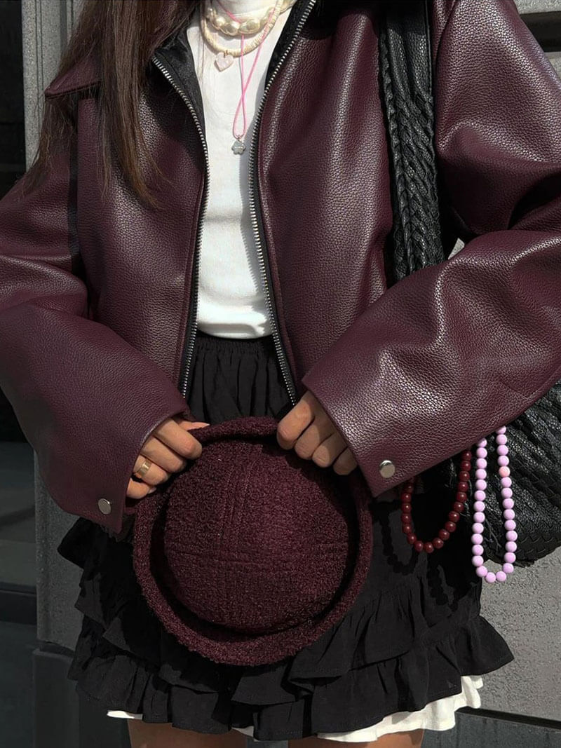 Jill | Women’s Oversized Burgundy Faux Leather Jacket with Zip and Lapel Collar