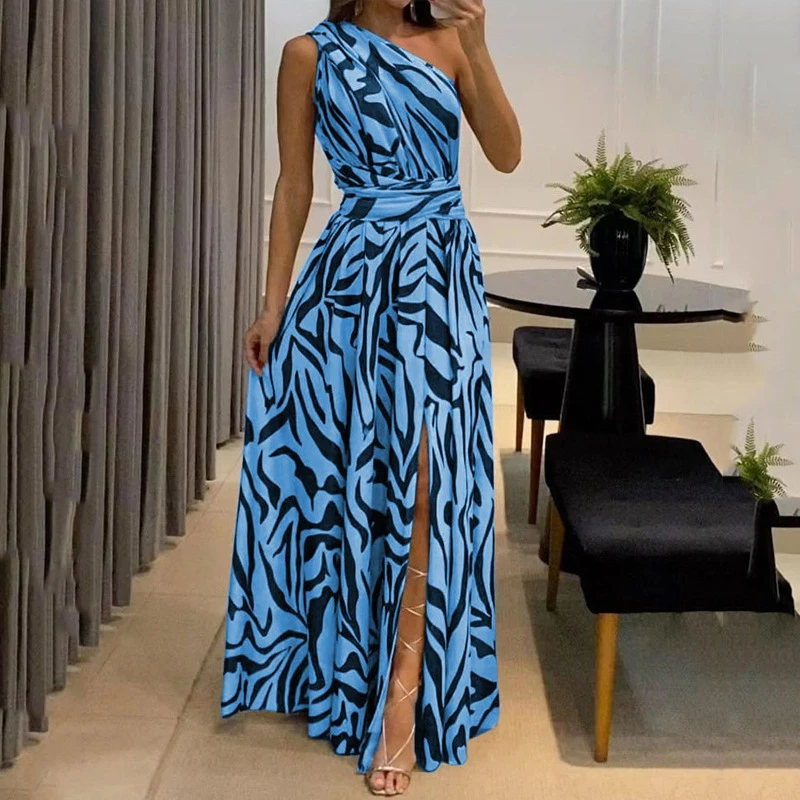 Corinna | Women's One-Shoulder Zebra Print Maxi Dress with Waist Cinching & Leg Slit