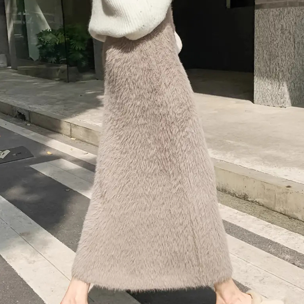 Mandy | Women’s High Waist Plush Teddy Maxi Skirt in Khaki