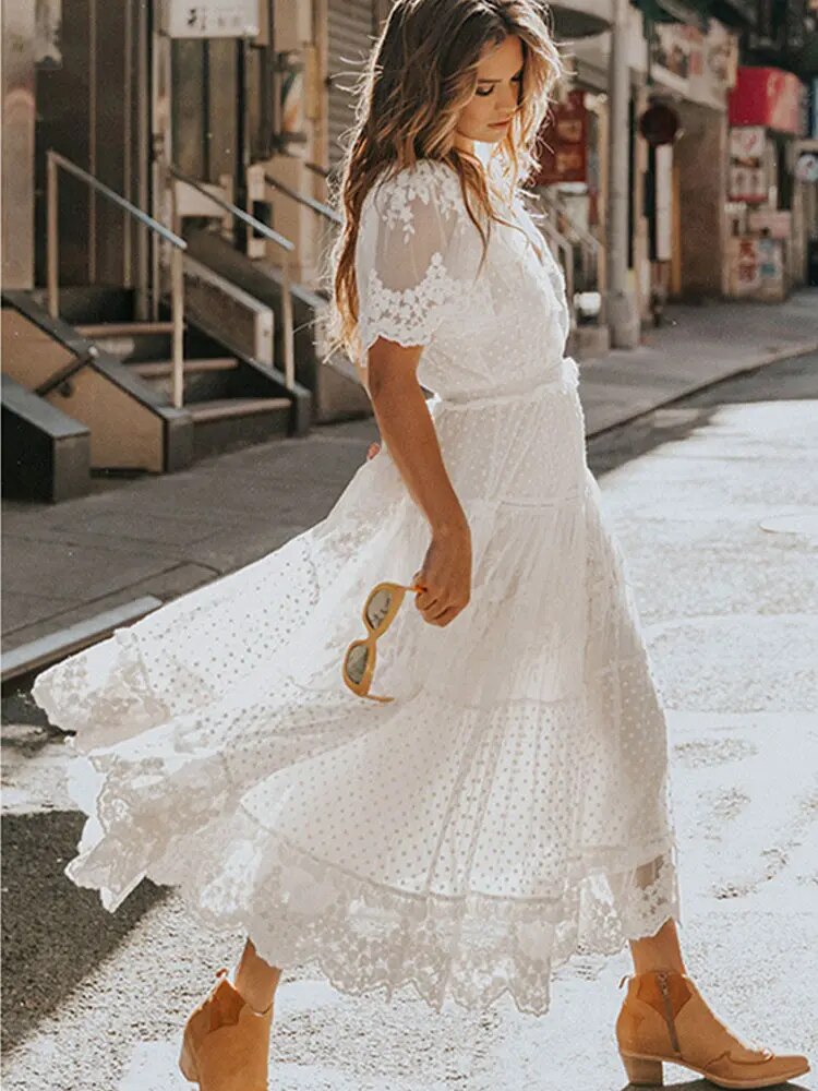 Coraline | Women's Elegant White Lace Maxi Dress with Plunge V-Neck