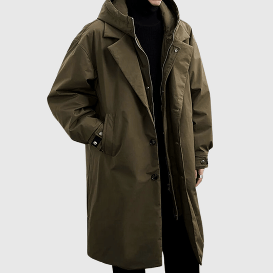 Vandolf | Men's Hooded Weatherproof Long Coat with Button Closure and Side Pockets