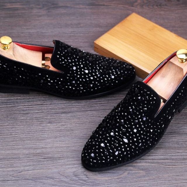 Crispin | Men’s Black Rhinestone Slip-On Loafers – Elegant & Stylish Business Casual Shoes