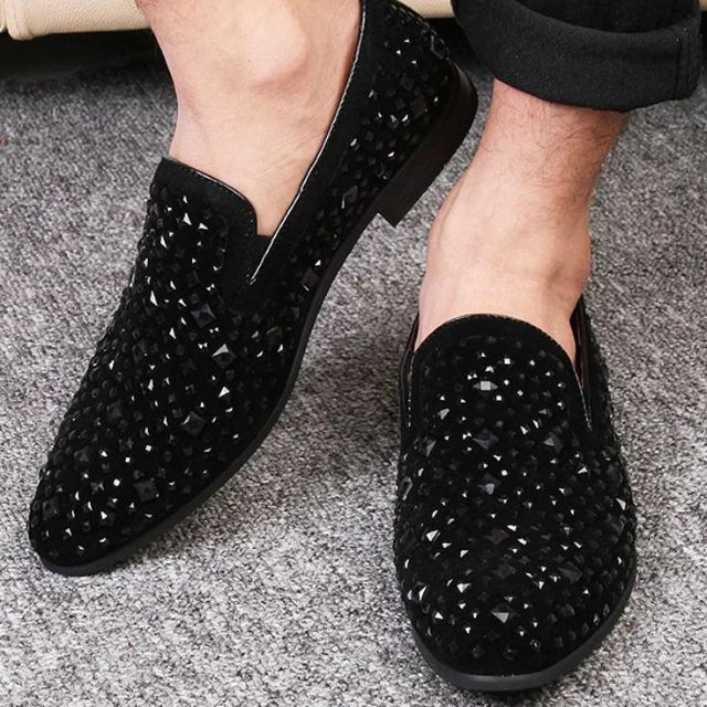 Crispin | Men’s Black Rhinestone Slip-On Loafers – Elegant & Stylish Business Casual Shoes