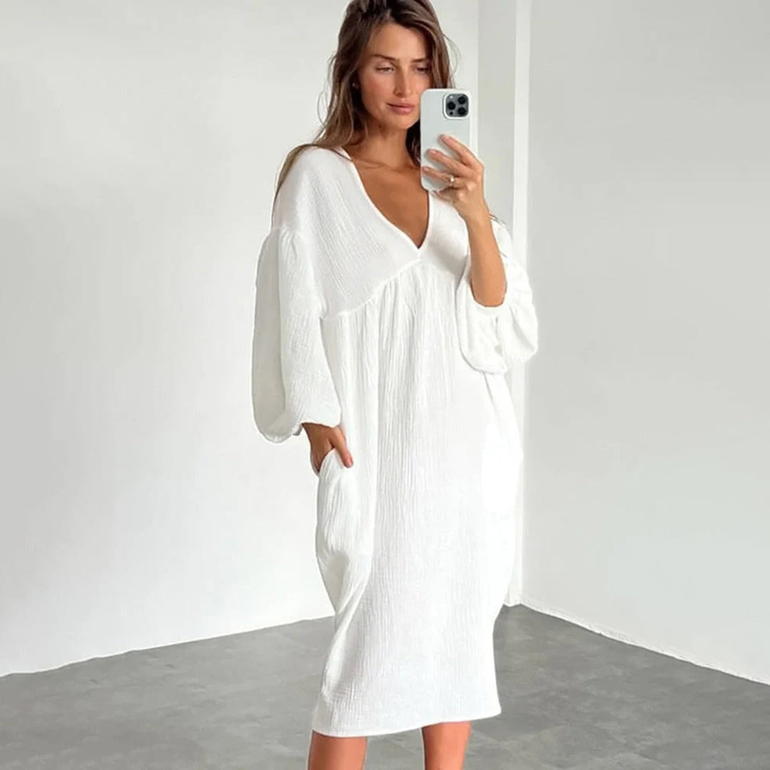 Destiny | Elegant Loose-Fit Cotton Midi Dress with V-Neck & Lantern Sleeves