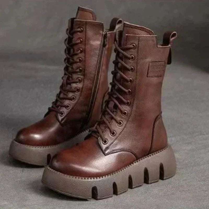 Mariana | Women’s Chunky Heel Boots with Zip & Lace-Up in 100% Cotton